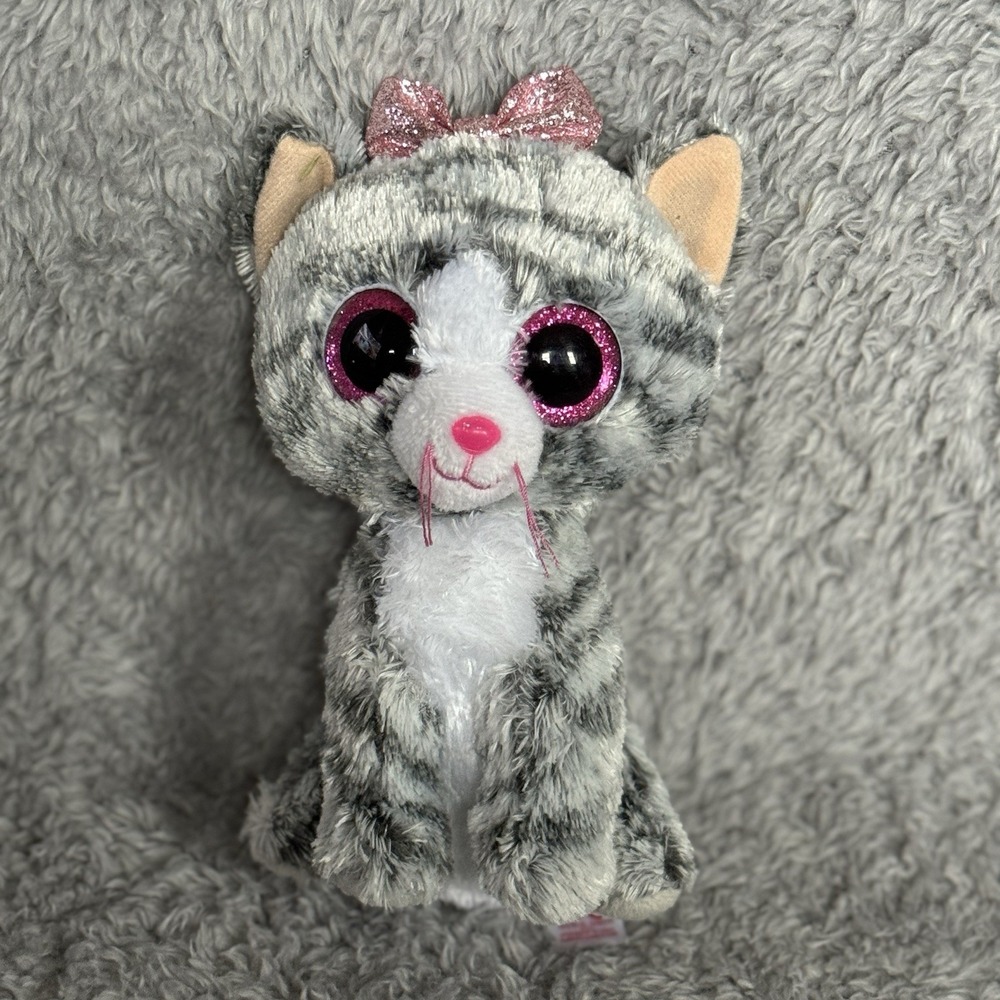 Ty Beanie Boos Kiki Cat Plush Gray Tabby Pink Glitter Eyes Bow Stuffed Animal